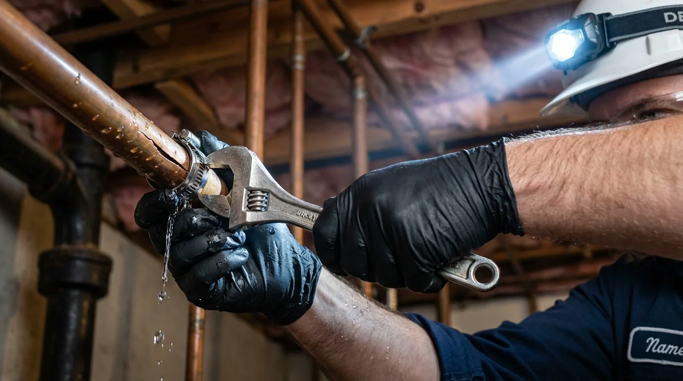Emergency pipe clamp repair being performed by a Johns Plumbing LLC plumber in Athens