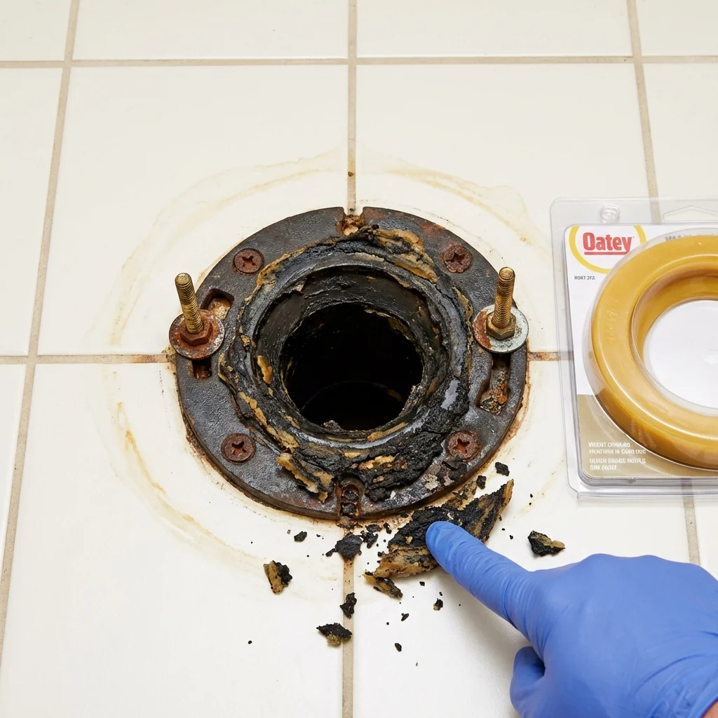 Failed wax ring showing water seepage at the base of a toilet in a Athens, GA home