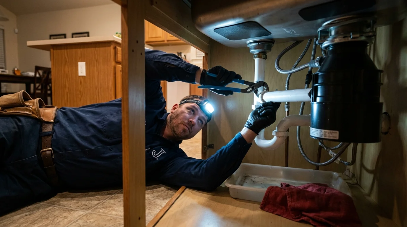 P-trap and supply line connections under a kitchen sink showing a common leak point in Athens, GA